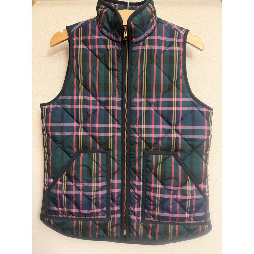 J.Crew Excursion Quilted Vest Navy Green Pink Plaid Womens XS Fall Winter